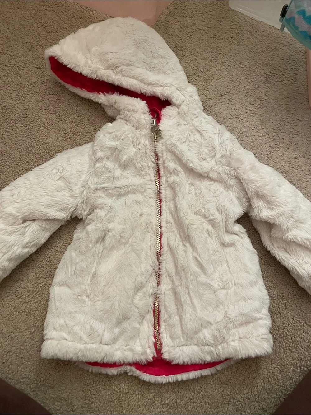 DKNY Girls' Bright Pink Reversible Hooded Quilted Puffer Coat